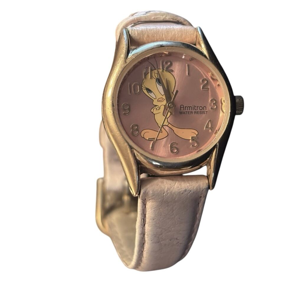 Vintage Armitron Tweety Bird Quartz Watch Women's Gold Tone Analog Leather Band
